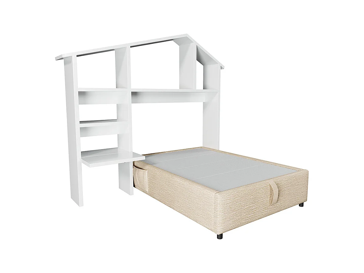 Lit coffre enfant 90x200 cm bibliothèque blanche rangement hydraulique USB-C simple couleur naturelle sommier lattes linge sans matelas
