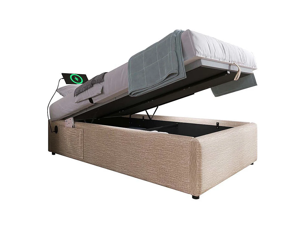 Lit coffre enfant 90x200 cm bibliothèque blanche rangement hydraulique USB-C simple couleur naturelle sommier lattes linge sans matelas