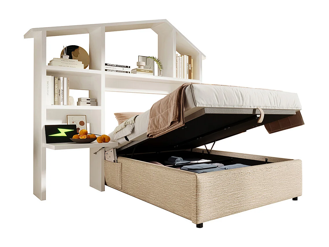 Lit coffre enfant 90x200 cm bibliothèque blanche rangement hydraulique USB-C simple couleur naturelle sommier lattes linge sans matelas
