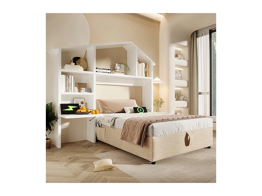 Lit coffre enfant 90x190 cm bibliothèque blanche rangement hydraulique USB-C simple couleur naturelle sommier lattes draps sans matelas