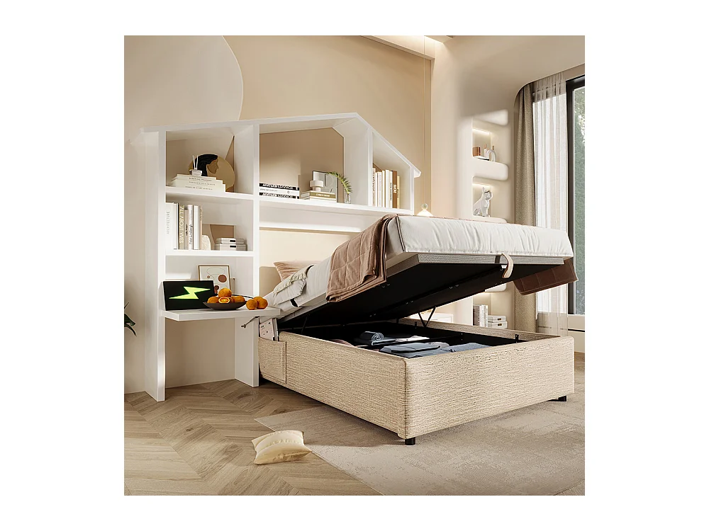 Lit coffre enfant 90x190 cm bibliothèque blanche rangement hydraulique USB-C simple couleur naturelle sommier lattes draps sans matelas