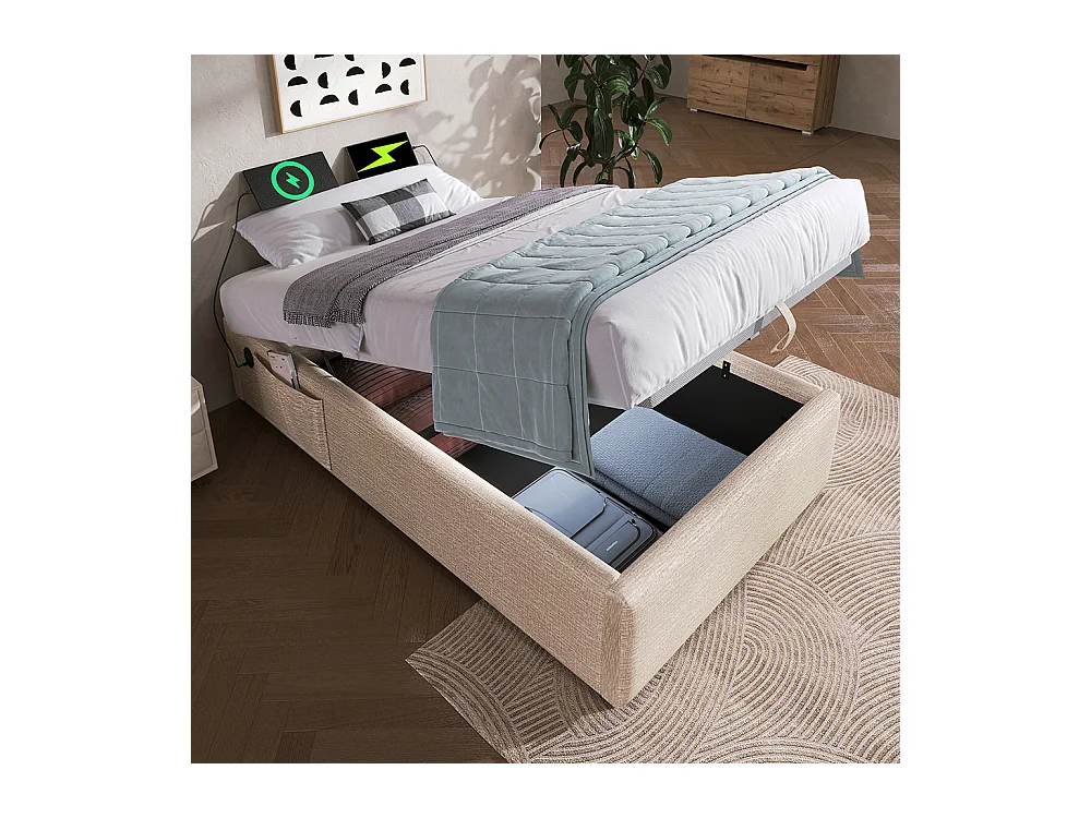 Lit coffre enfant 90x190 cm bibliothèque blanche rangement hydraulique USB-C simple couleur naturelle sommier lattes draps sans matelas