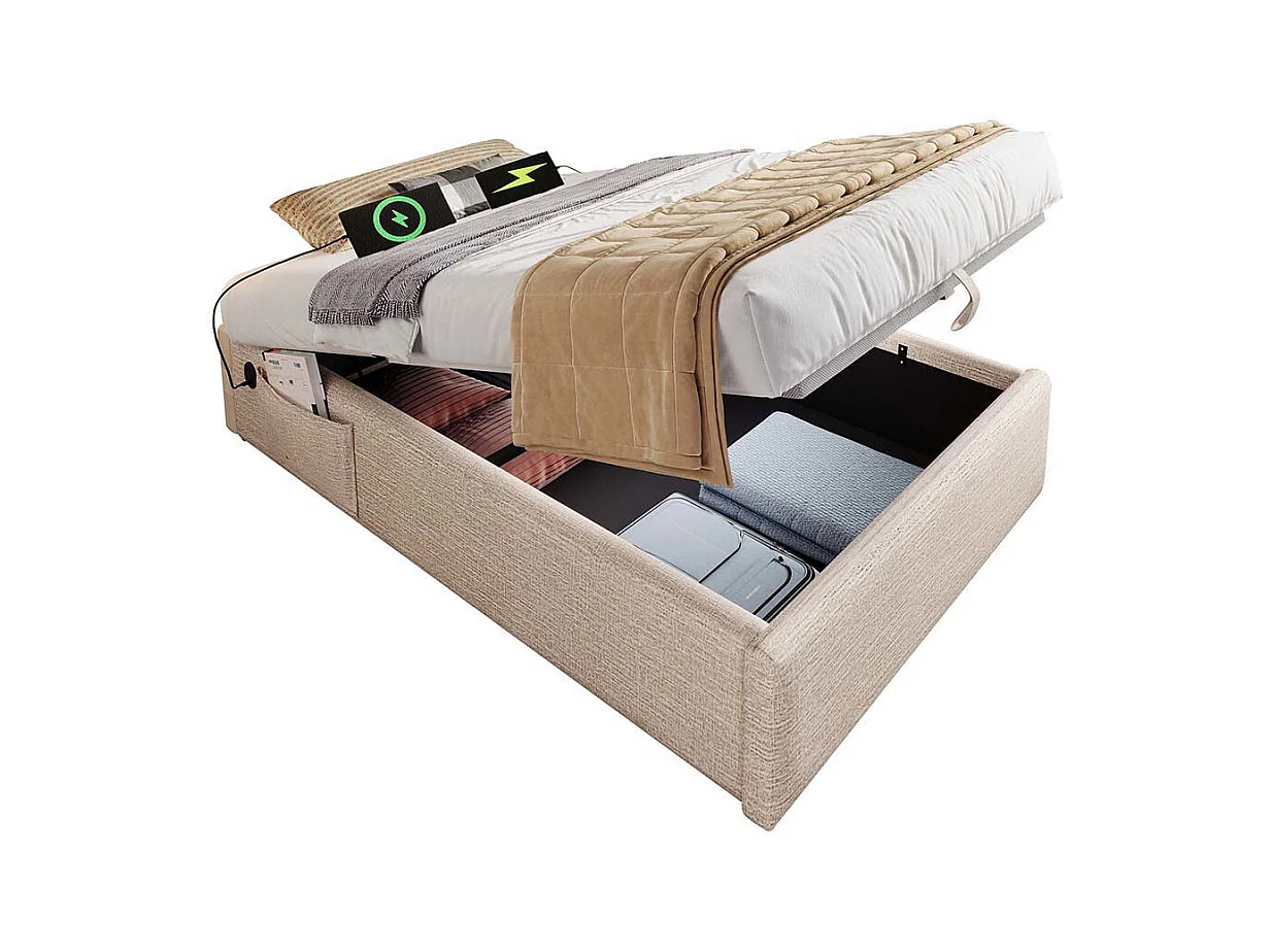 Lit coffre enfant 90x190 cm bibliothèque blanche rangement hydraulique USB-C simple couleur naturelle sommier lattes draps sans matelas