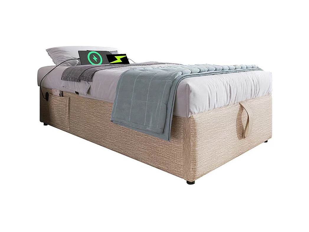 Lit coffre enfant 90x190 cm bibliothèque blanche rangement hydraulique USB-C simple couleur naturelle sommier lattes draps sans matelas