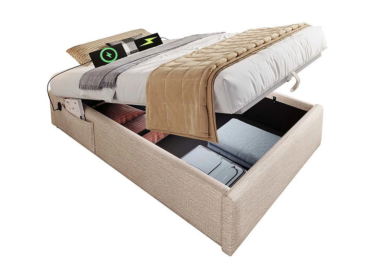 Lit coffre enfant 90x190 cm bibliothèque blanche rangement hydraulique USB-C simple couleur naturelle sommier lattes draps sans matelas