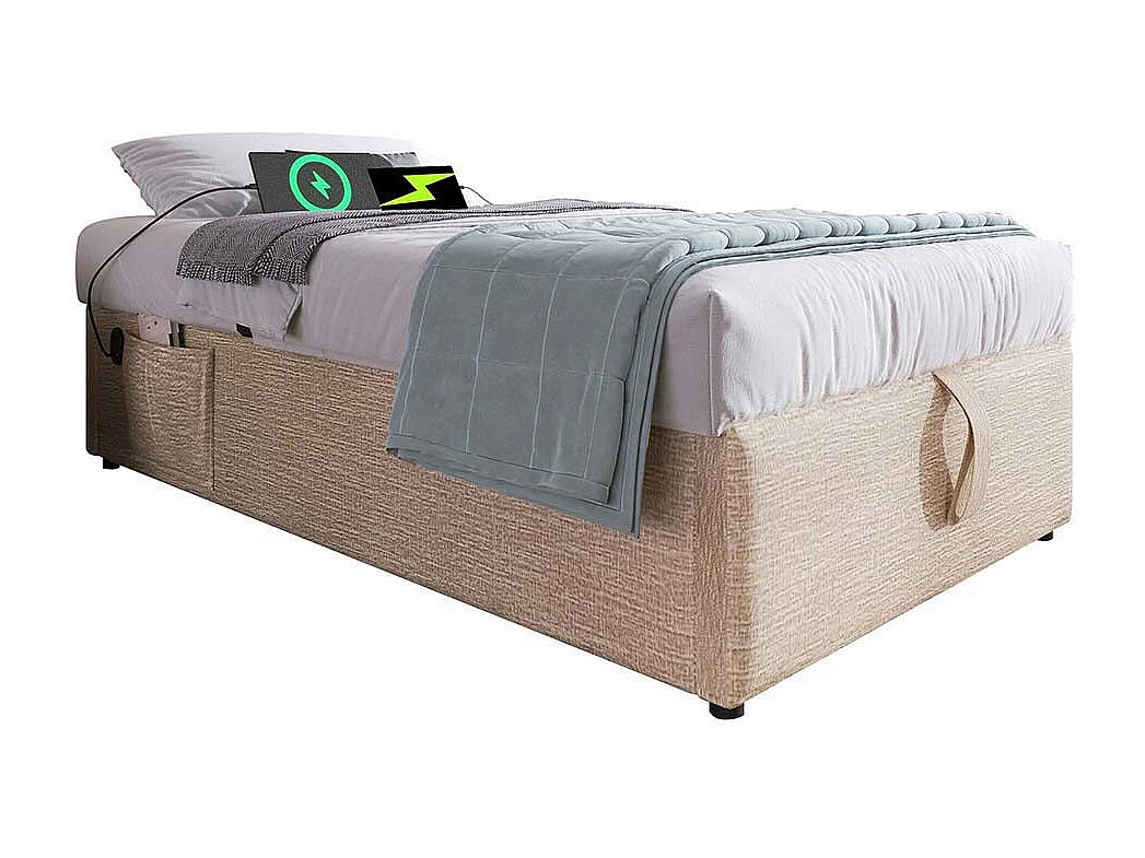 Lit coffre enfant 90x190 cm bibliothèque blanche rangement hydraulique USB-C simple couleur naturelle sommier lattes draps sans matelas