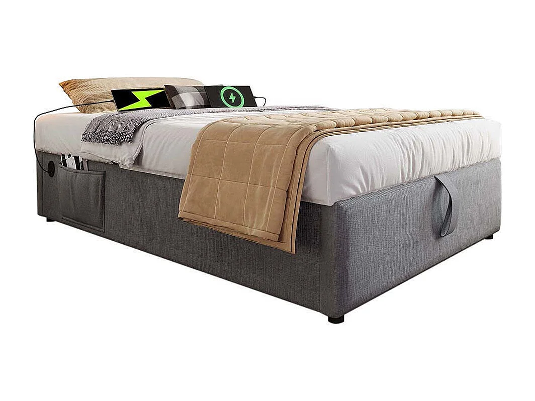 Lit coffre enfant 90x190 cm bibliothèque blanche rangement hydraulique USB-C simple gris sommier lattes draps sans matelas