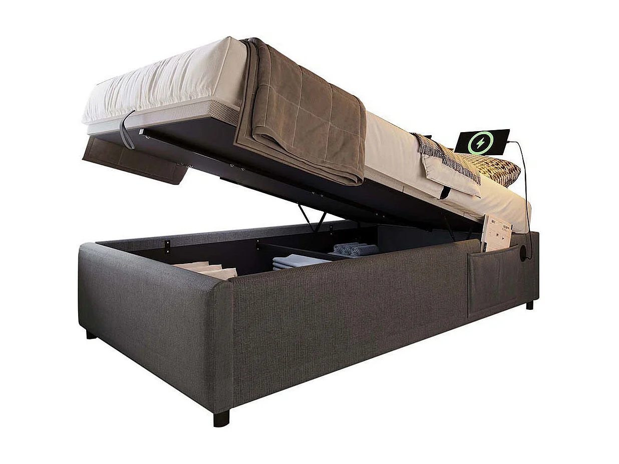 Lit coffre enfant 90x190 cm bibliothèque blanche rangement hydraulique USB-C simple gris sommier lattes draps sans matelas