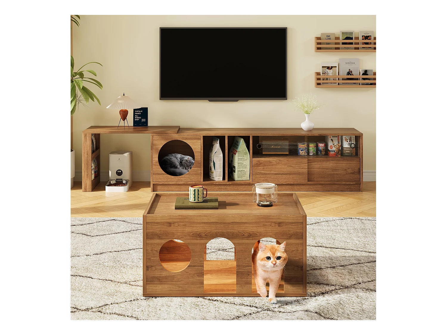 TV-Ständer + Couchtisch-Set - drehbarer TV-Ständer mit Katzenkorb - MDF - natur