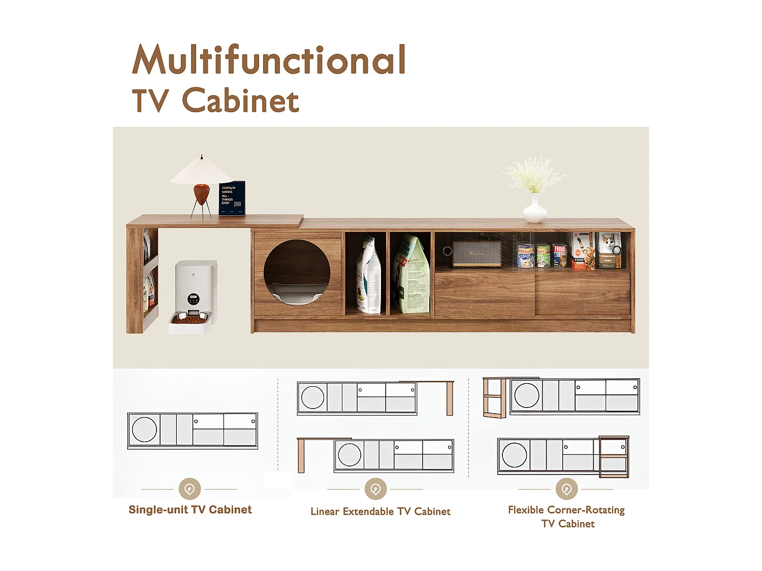 TV-Ständer + Couchtisch-Set - drehbarer TV-Ständer mit Katzenkorb - MDF - natur