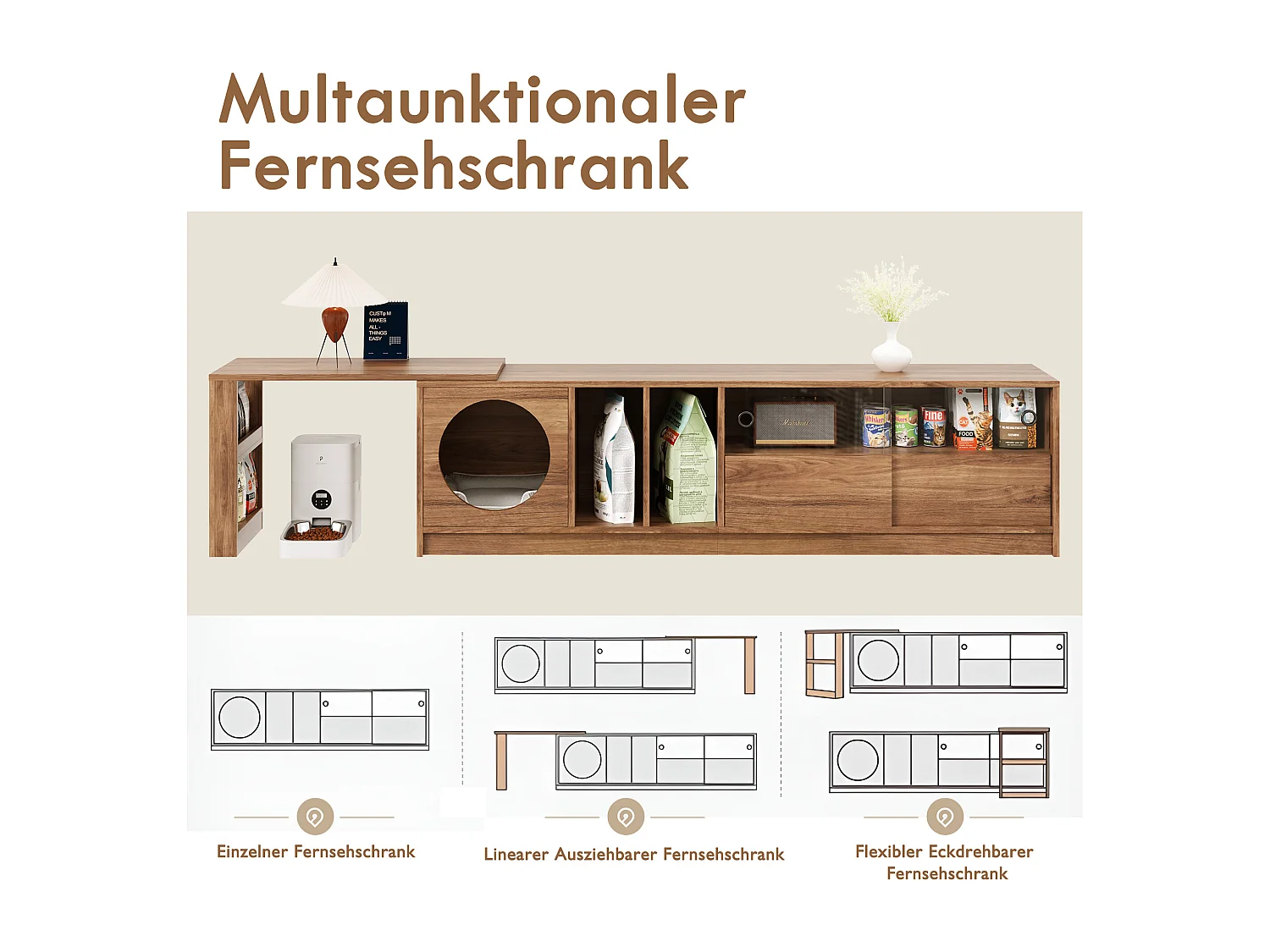 TV-Ständer + Couchtisch-Set - drehbarer TV-Ständer mit Katzenkorb - MDF - natur