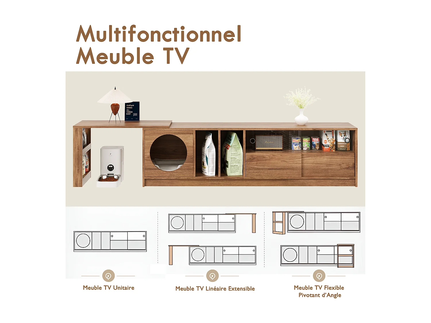 TV-Ständer + Couchtisch-Set - drehbarer TV-Ständer mit Katzenkorb - MDF - natur