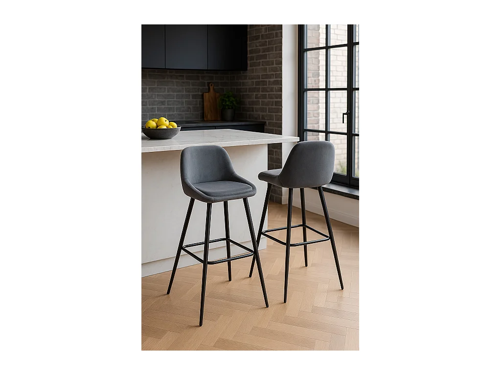 Taburetes de bar de terciopelo, lote de 2, patas de metal negro, altura del asiento 68 cm, MIRA (Gris)