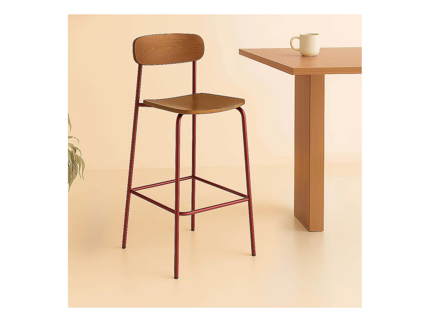 Set van 2 hoge stoelen van metaal en bordeauxrood hout