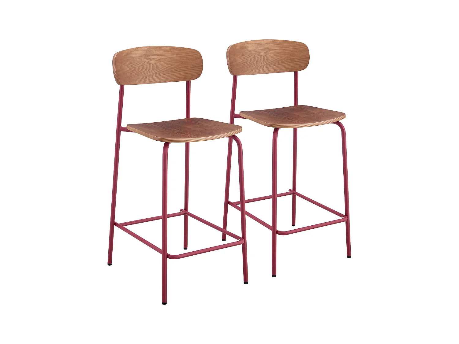 Lot de 2 chaises hautes en métal et bois bordeaux