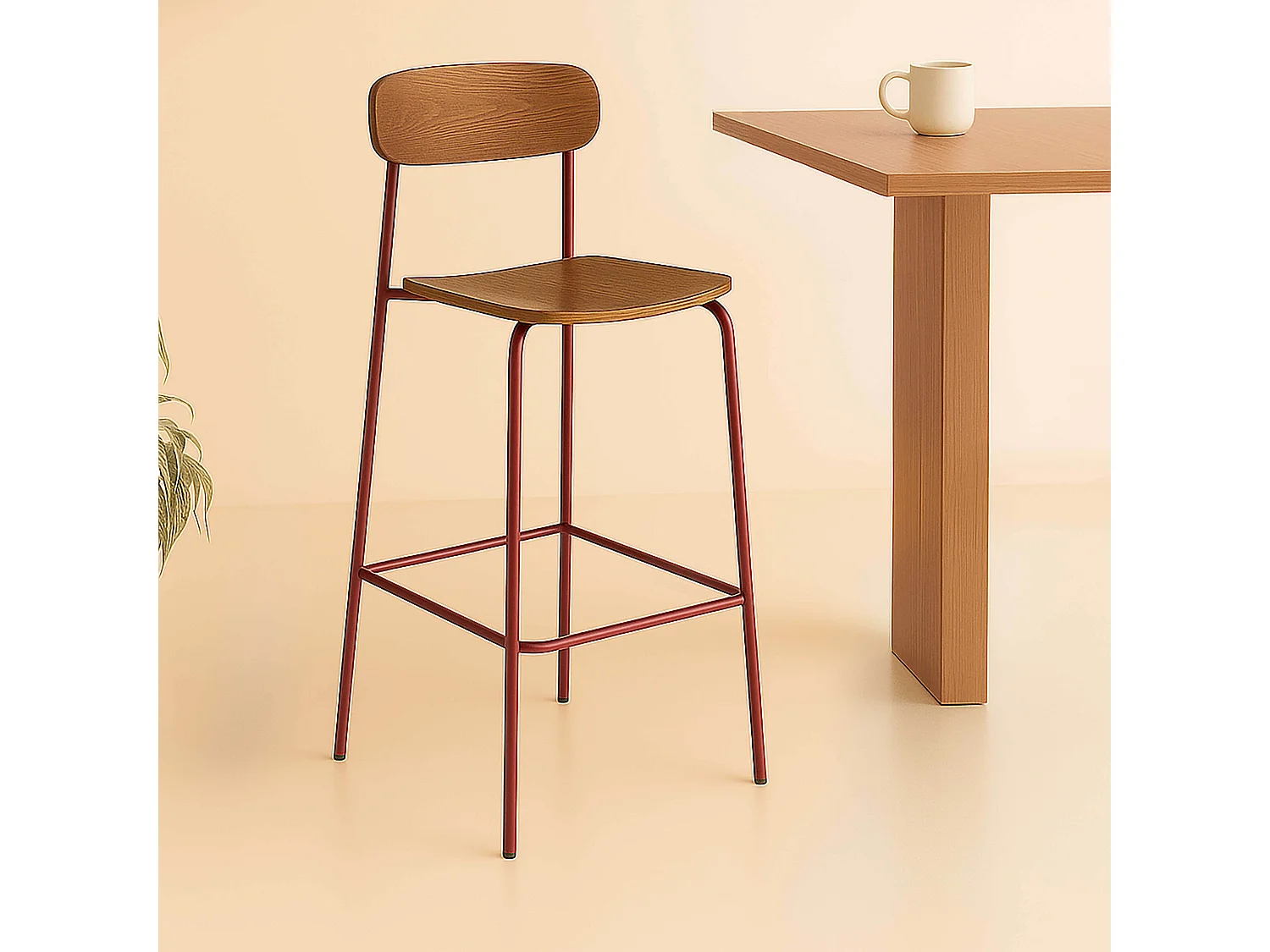 Lot de 2 chaises hautes en métal et bois bordeaux