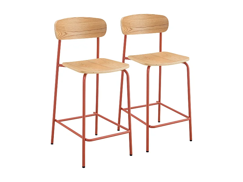 Lot de 2 chaises hautes en métal et bois orange