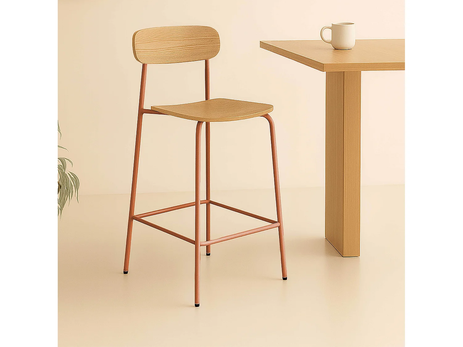 Lot de 2 chaises hautes en métal et bois orange