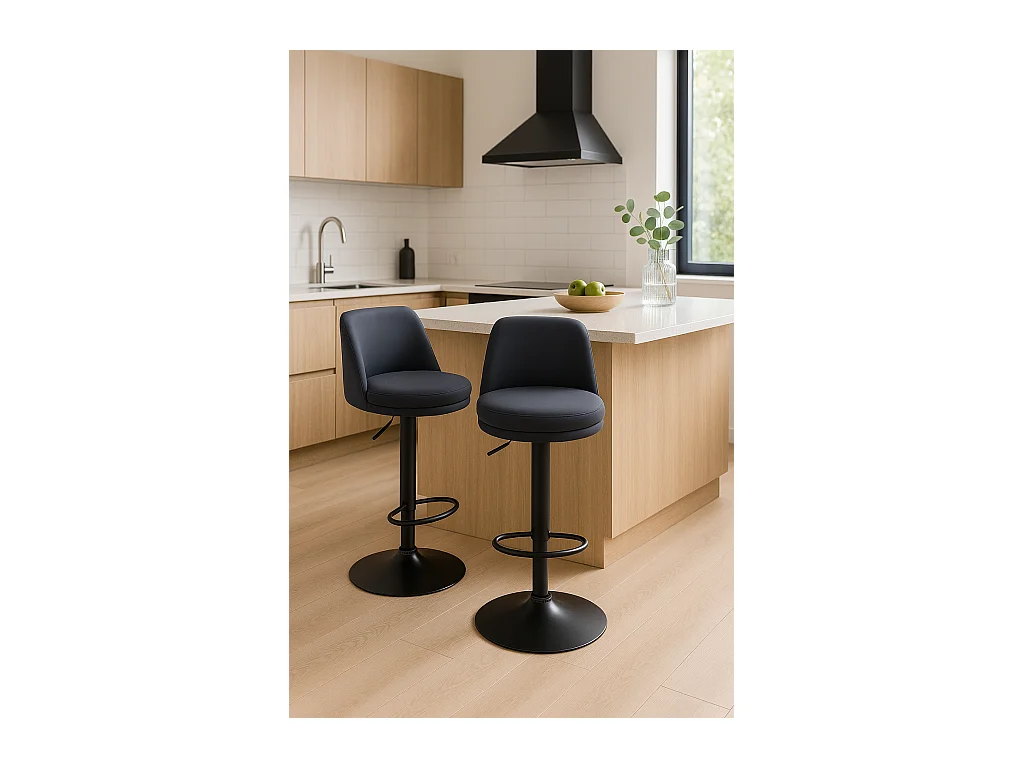 Lot de 2 tabourets de bar, assise ronde, haut dossier, réglable, pivotant RIF (noir)
