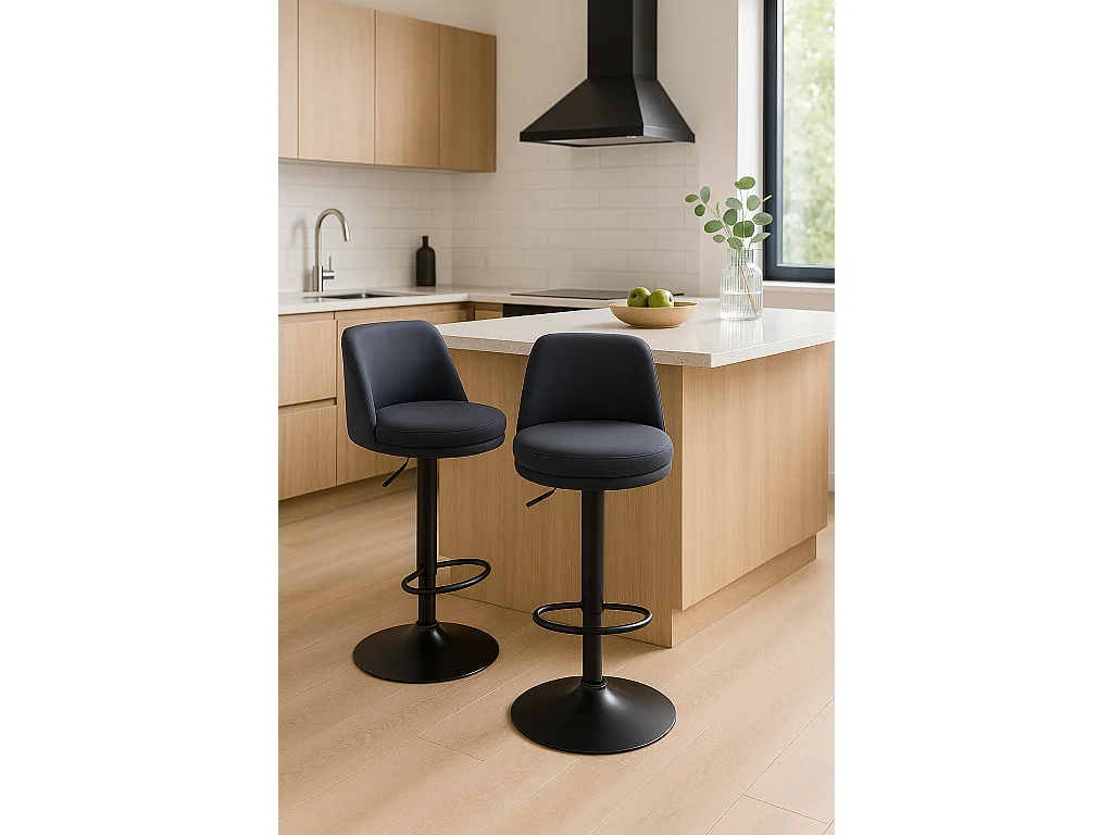 Lot de 2 tabourets de bar, assise ronde, haut dossier, réglable, pivotant RIF (noir)
