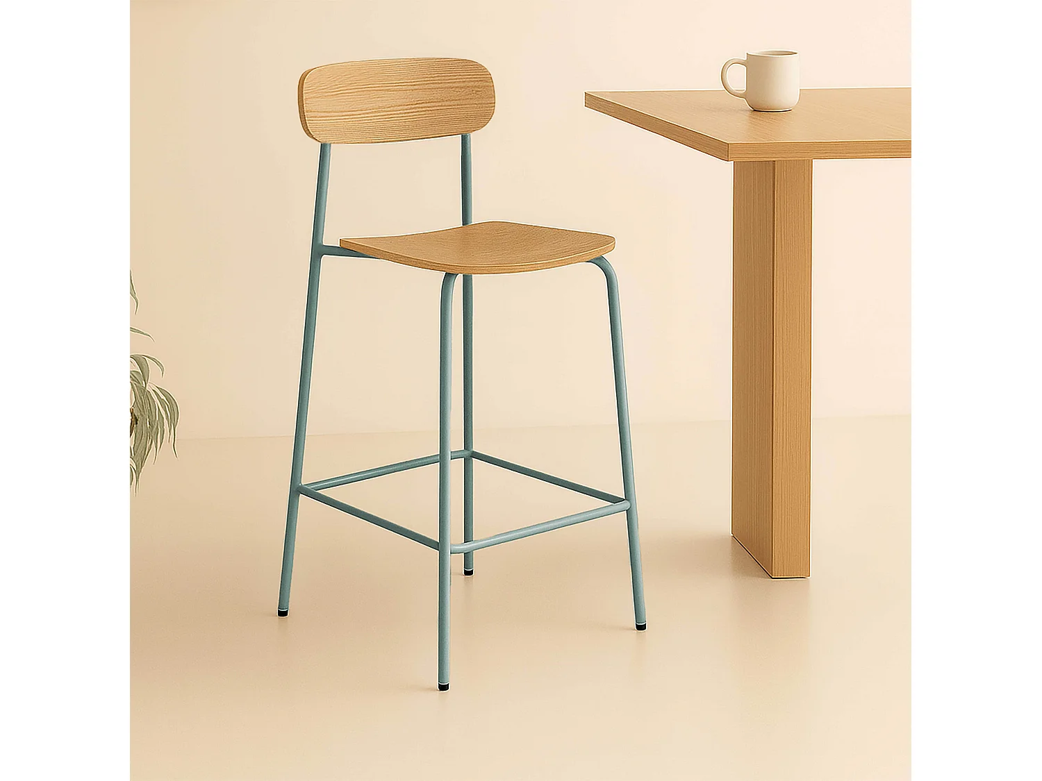 Lot de 2 chaises hautes en métal et bois bleu clair