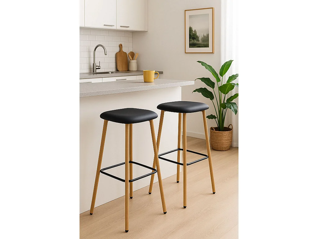 Tabourets de bar, hauteur d'assise 78 cm, pieds métal immitation hêtre, lot de 2 NES (noir)