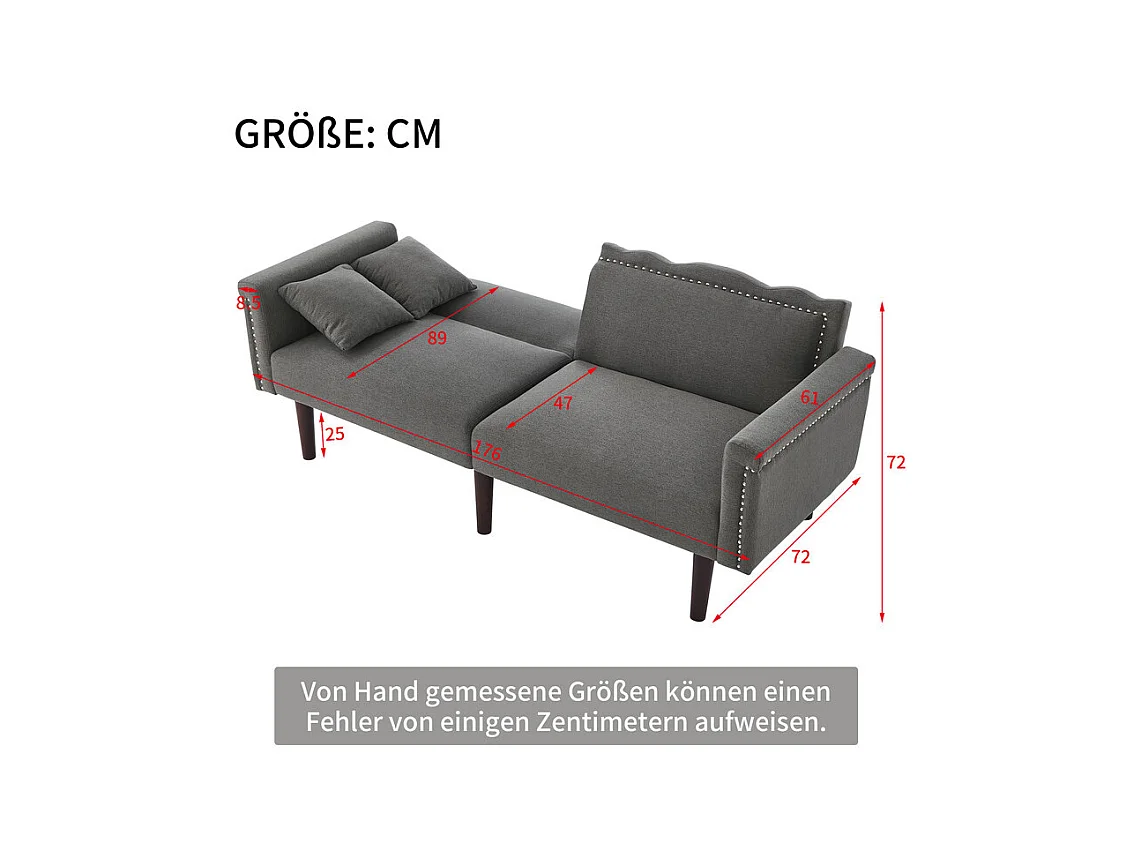 Canapé convertible en lit - avec dossiers réglables indépendants et 2 oreillers - tissu en lin en coton - 176x72/89x72cm - Gris