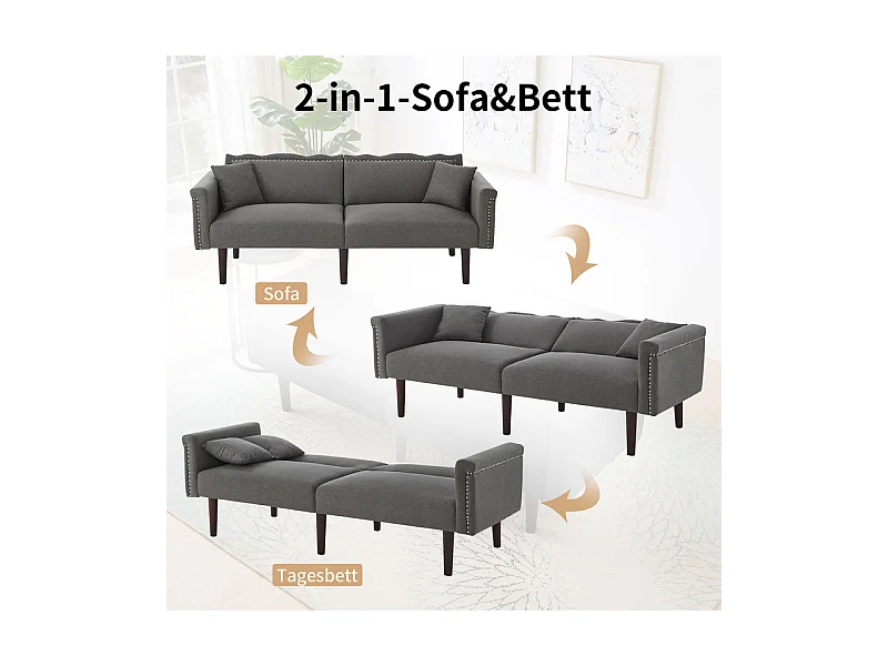 Canapé convertible en lit - avec dossiers réglables indépendants et 2 oreillers - tissu en lin en coton - 176x72/89x72cm - Gris