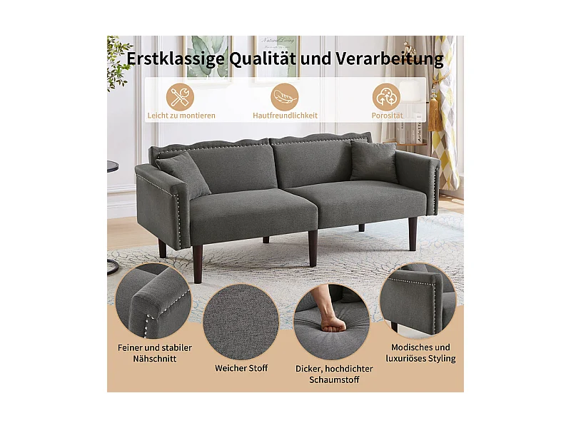 Canapé convertible en lit - avec dossiers réglables indépendants et 2 oreillers - tissu en lin en coton - 176x72/89x72cm - Gris