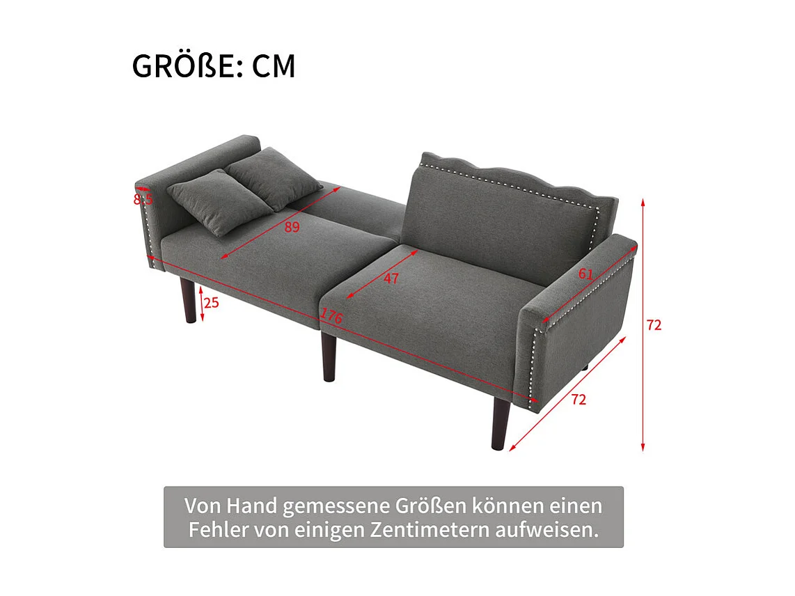 Canapé convertible en lit - avec dossiers réglables indépendants et 2 oreillers - tissu en lin en coton - 176x72/89x72cm - Gris