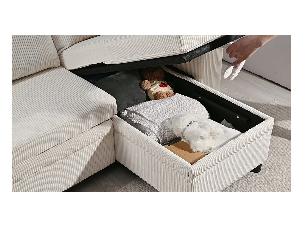 Omkeerbare 3-zits hoekbank - van ribcord - met opbergruimte, plank en 2 poefs - USB+Type-C aansluiting - Beige