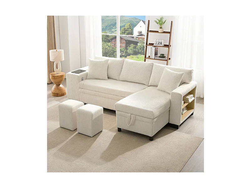 Omkeerbare 3-zits hoekbank - van ribcord - met opbergruimte, plank en 2 poefs - USB+Type-C aansluiting - Beige