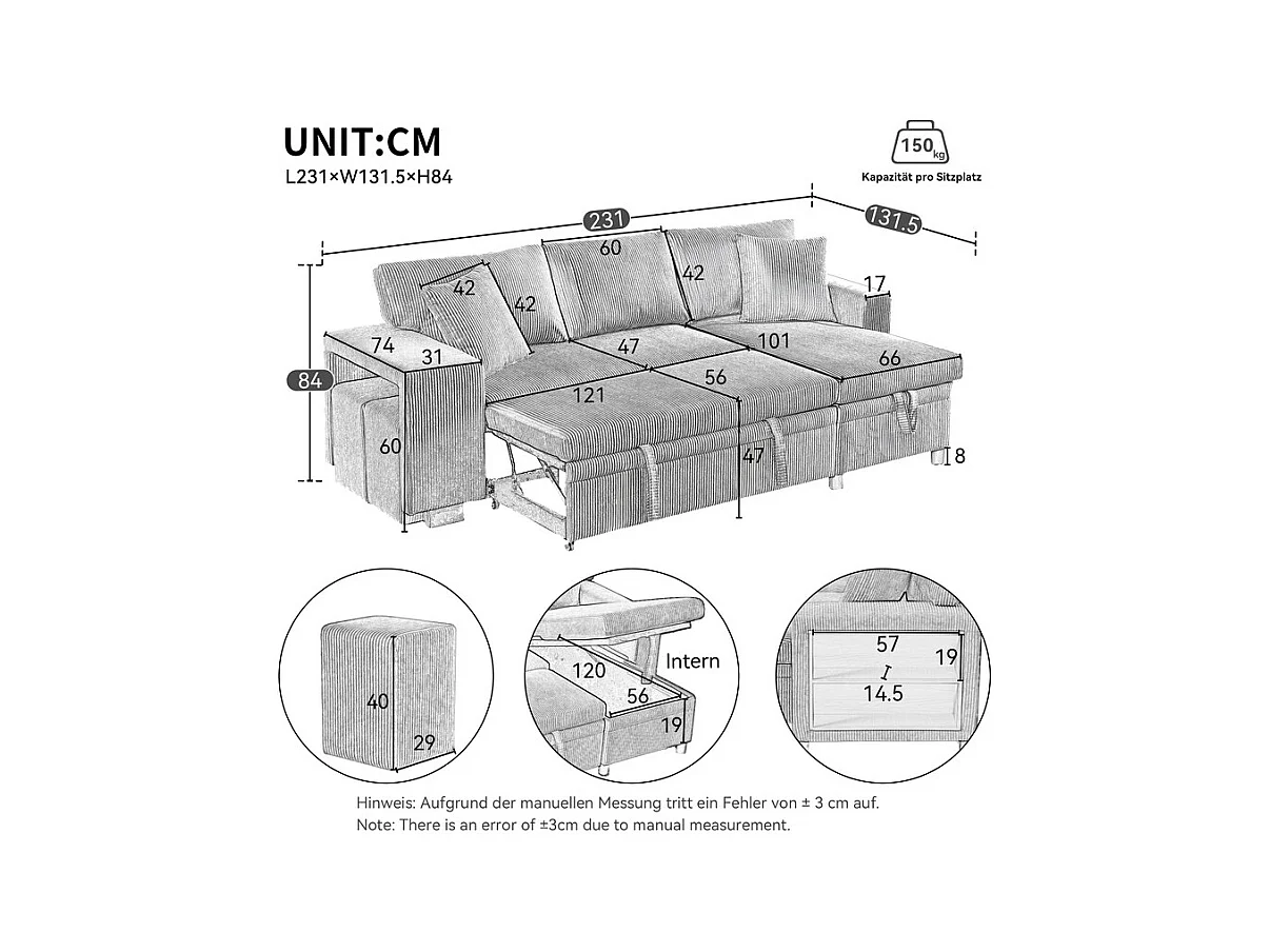 Omkeerbare 3-zits hoekbank - van ribcord - met opbergruimte, plank en 2 poefs - USB+Type-C aansluiting - Beige