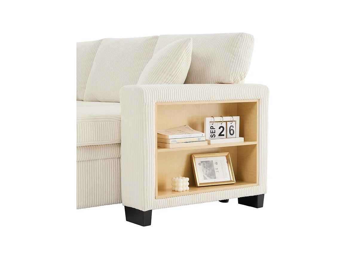 Omkeerbare 3-zits hoekbank - van ribcord - met opbergruimte, plank en 2 poefs - USB+Type-C aansluiting - Beige