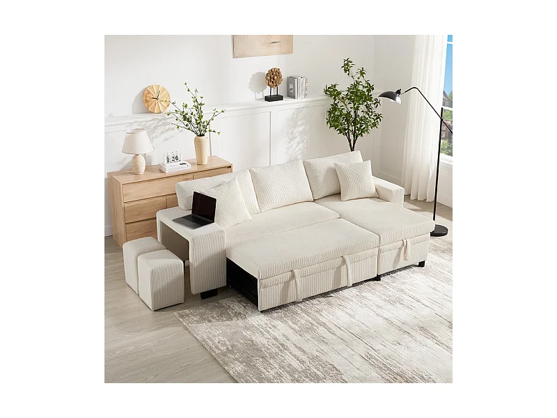 Omkeerbare 3-zits hoekbank - van ribcord - met opbergruimte, plank en 2 poefs - USB+Type-C aansluiting - Beige