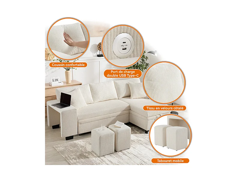 Omkeerbare 3-zits hoekbank - van ribcord - met opbergruimte, plank en 2 poefs - USB+Type-C aansluiting - Beige