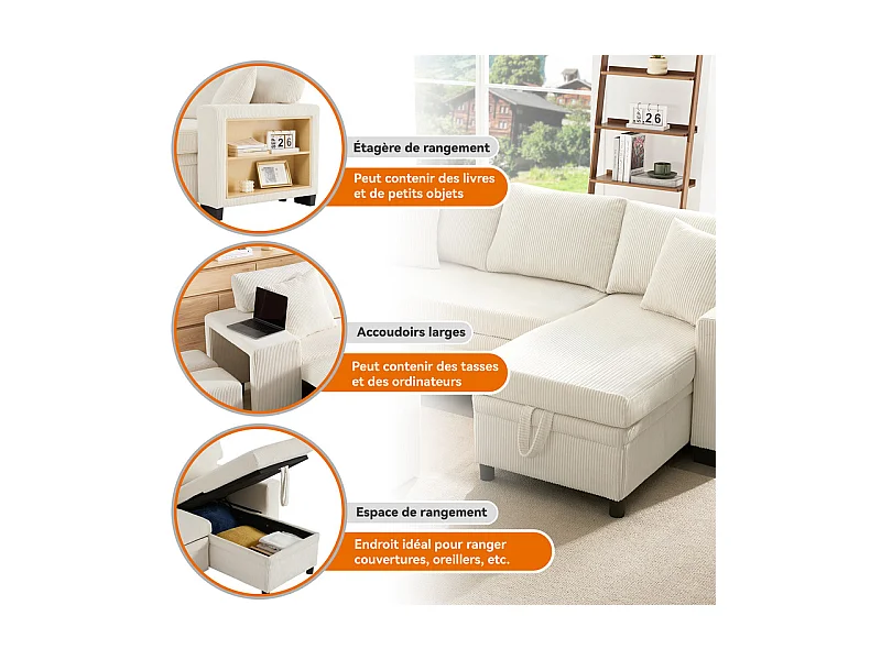 Omkeerbare 3-zits hoekbank - van ribcord - met opbergruimte, plank en 2 poefs - USB+Type-C aansluiting - Beige