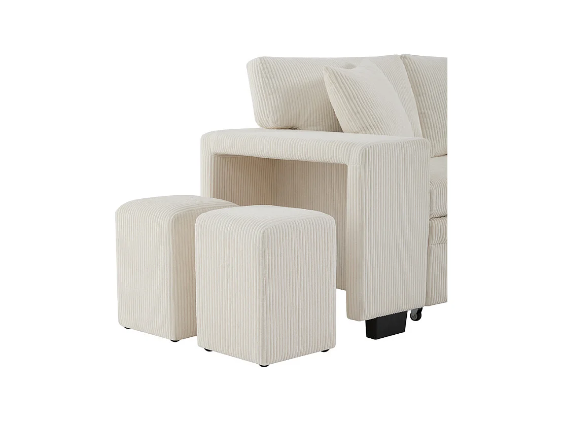 Omkeerbare 3-zits hoekbank - van ribcord - met opbergruimte, plank en 2 poefs - USB+Type-C aansluiting - Beige