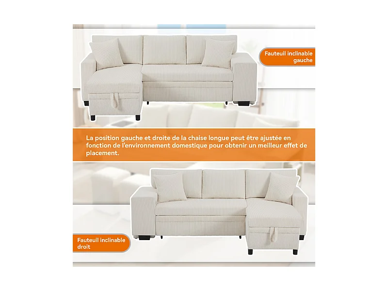 Omkeerbare 3-zits hoekbank - van ribcord - met opbergruimte, plank en 2 poefs - USB+Type-C aansluiting - Beige