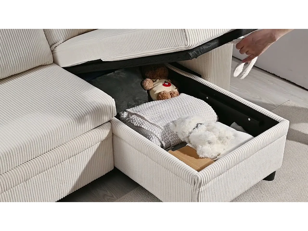 Umkehrbare 3-Sitzer-Eckcouch - aus Cordstoff - mit Stauraum, Regal und 2 Poufs - USB+Type-C-Anschluss - Beige