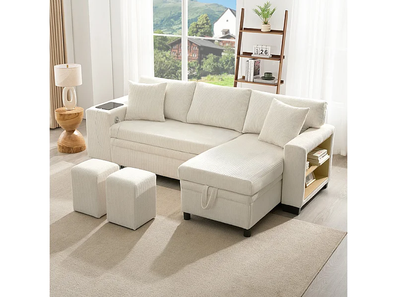 Divano angolare convertibile reversibile 3 posti - in velluto a coste - con ripostiglio, scaffale e 2 pouf - Porta USB+Type-C - Beige