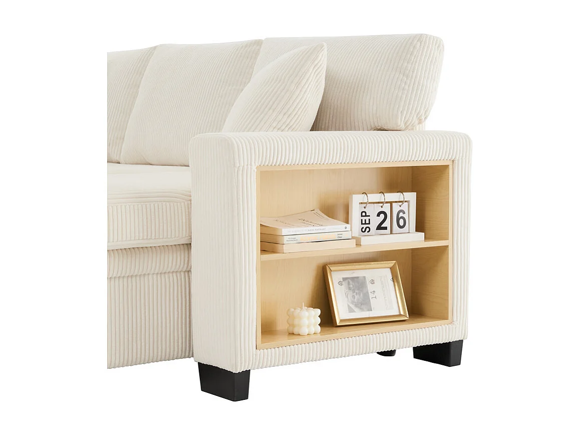 Divano angolare convertibile reversibile 3 posti - in velluto a coste - con ripostiglio, scaffale e 2 pouf - Porta USB+Type-C - Beige