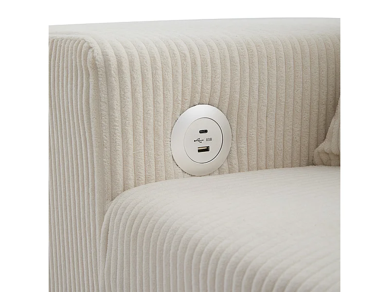 Divano angolare convertibile reversibile 3 posti - in velluto a coste - con ripostiglio, scaffale e 2 pouf - Porta USB+Type-C - Beige