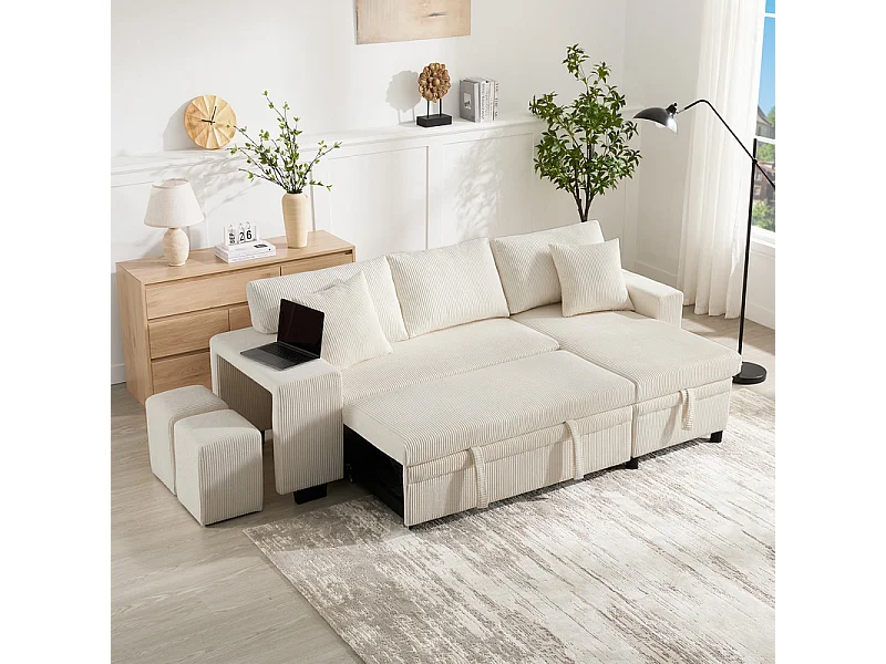 Divano angolare convertibile reversibile 3 posti - in velluto a coste - con ripostiglio, scaffale e 2 pouf - Porta USB+Type-C - Beige