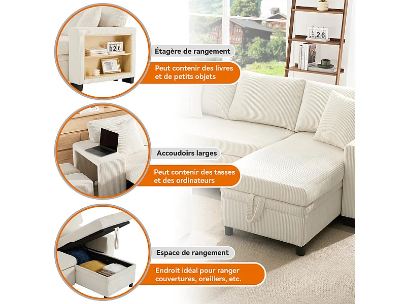 Divano angolare convertibile reversibile 3 posti - in velluto a coste - con ripostiglio, scaffale e 2 pouf - Porta USB+Type-C - Beige