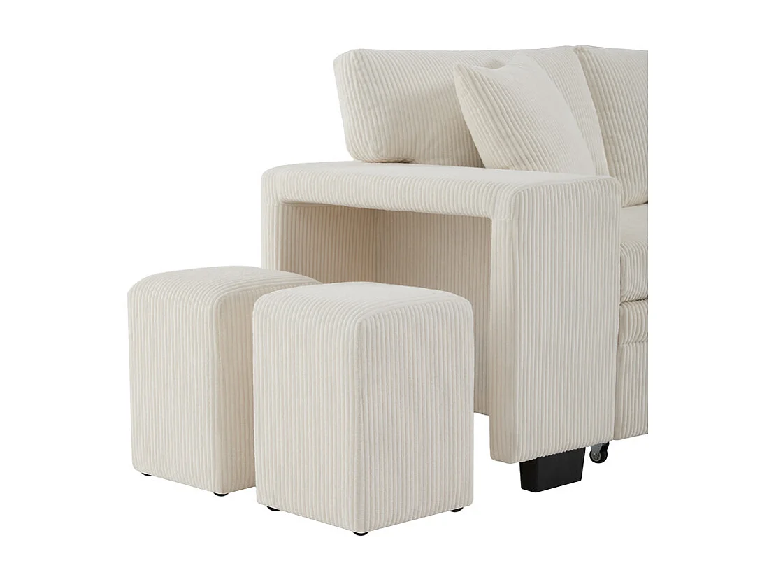 Divano angolare convertibile reversibile 3 posti - in velluto a coste - con ripostiglio, scaffale e 2 pouf - Porta USB+Type-C - Beige