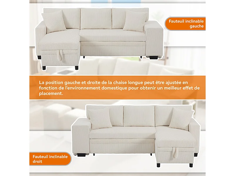 Divano angolare convertibile reversibile 3 posti - in velluto a coste - con ripostiglio, scaffale e 2 pouf - Porta USB+Type-C - Beige