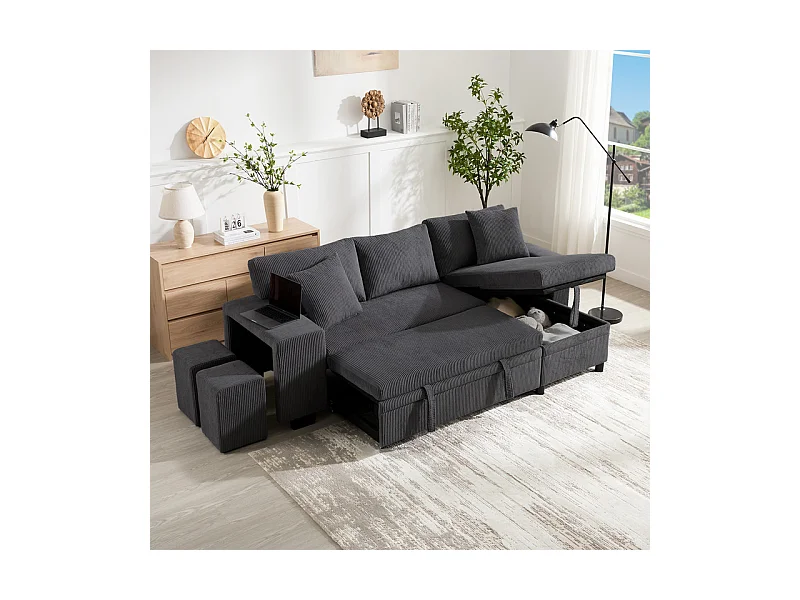 Omkeerbare 3-zits hoekbank - van ribcord - met opbergruimte, plank en 2 poefs - USB+Type-C aansluiting - Grijs
