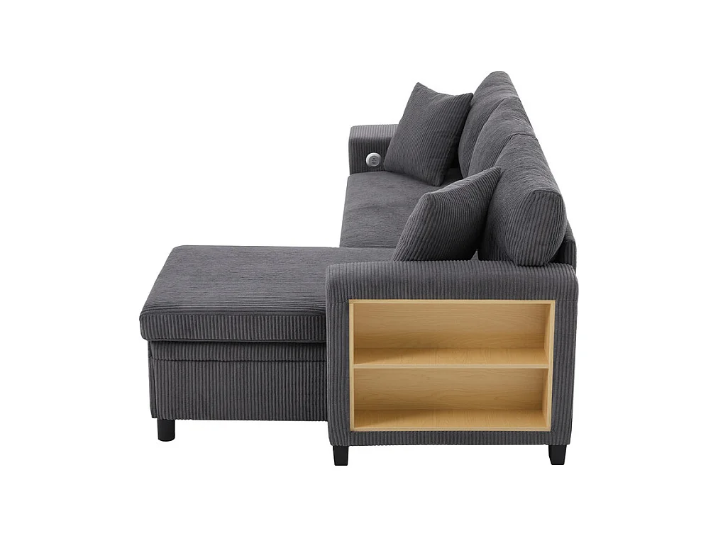 Omkeerbare 3-zits hoekbank - van ribcord - met opbergruimte, plank en 2 poefs - USB+Type-C aansluiting - Grijs