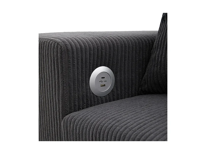 Omkeerbare 3-zits hoekbank - van ribcord - met opbergruimte, plank en 2 poefs - USB+Type-C aansluiting - Grijs
